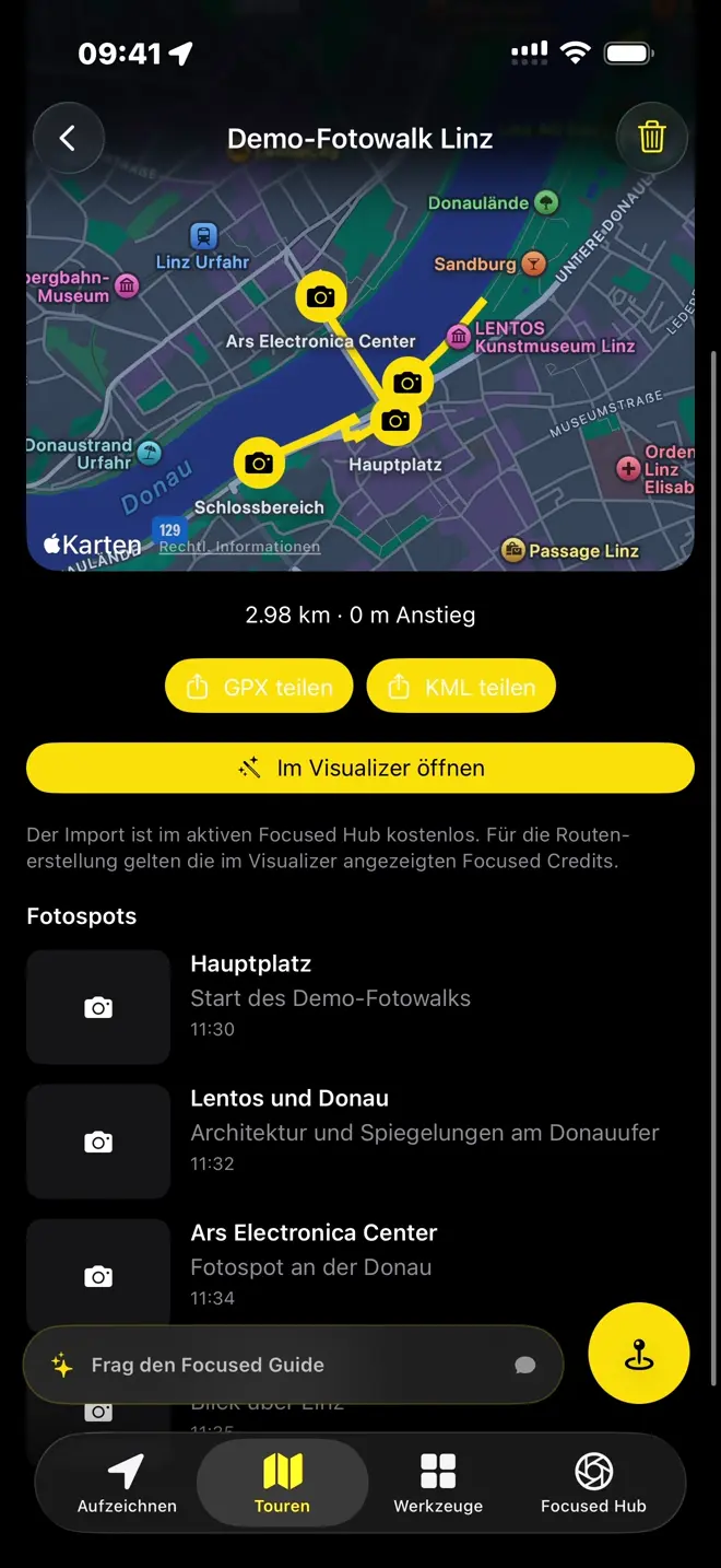 Demo-Fotowalk Linz: 2,98 Kilometer, Karte mit Fotospots, Notizen und GPX-/KML-Export